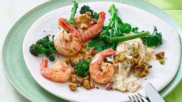Pistachio-Shrimp with Purple Broccoli Sprouts and White Bean Puree
