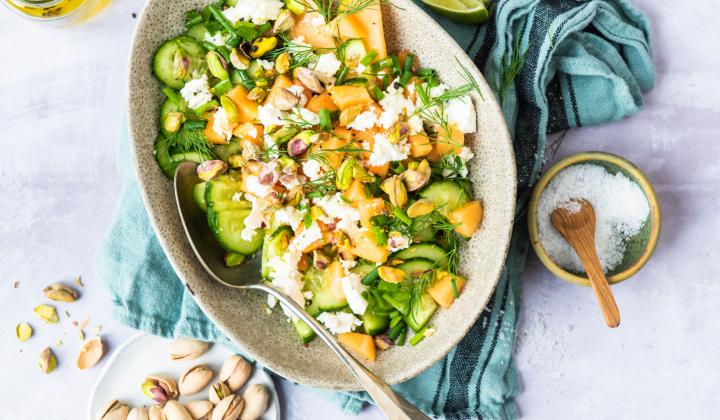 Summer Cucumber-Melon Salad with Roasted Pistachios and Feta